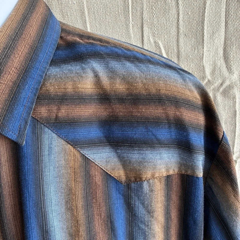 Vtg 90s Roper Shirt Mens XL Brown Blue Stripe Pearl Snap Western Cowboy Rodeo